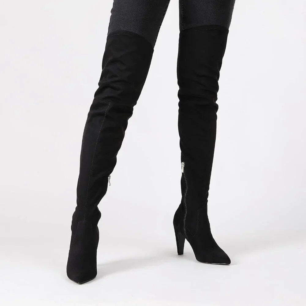 Women's Black/Suede Faux Leather Thigh High Over The Knee Long Pointed Toe Boots